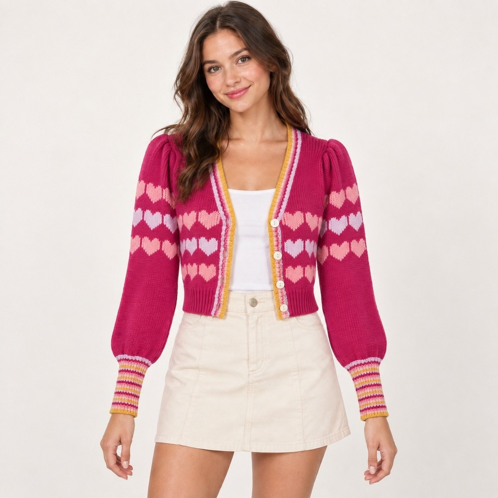 LoveShackFancy Buena Cropped Cardigan Size XS Pink Heart Intarsia Puff Sleeve